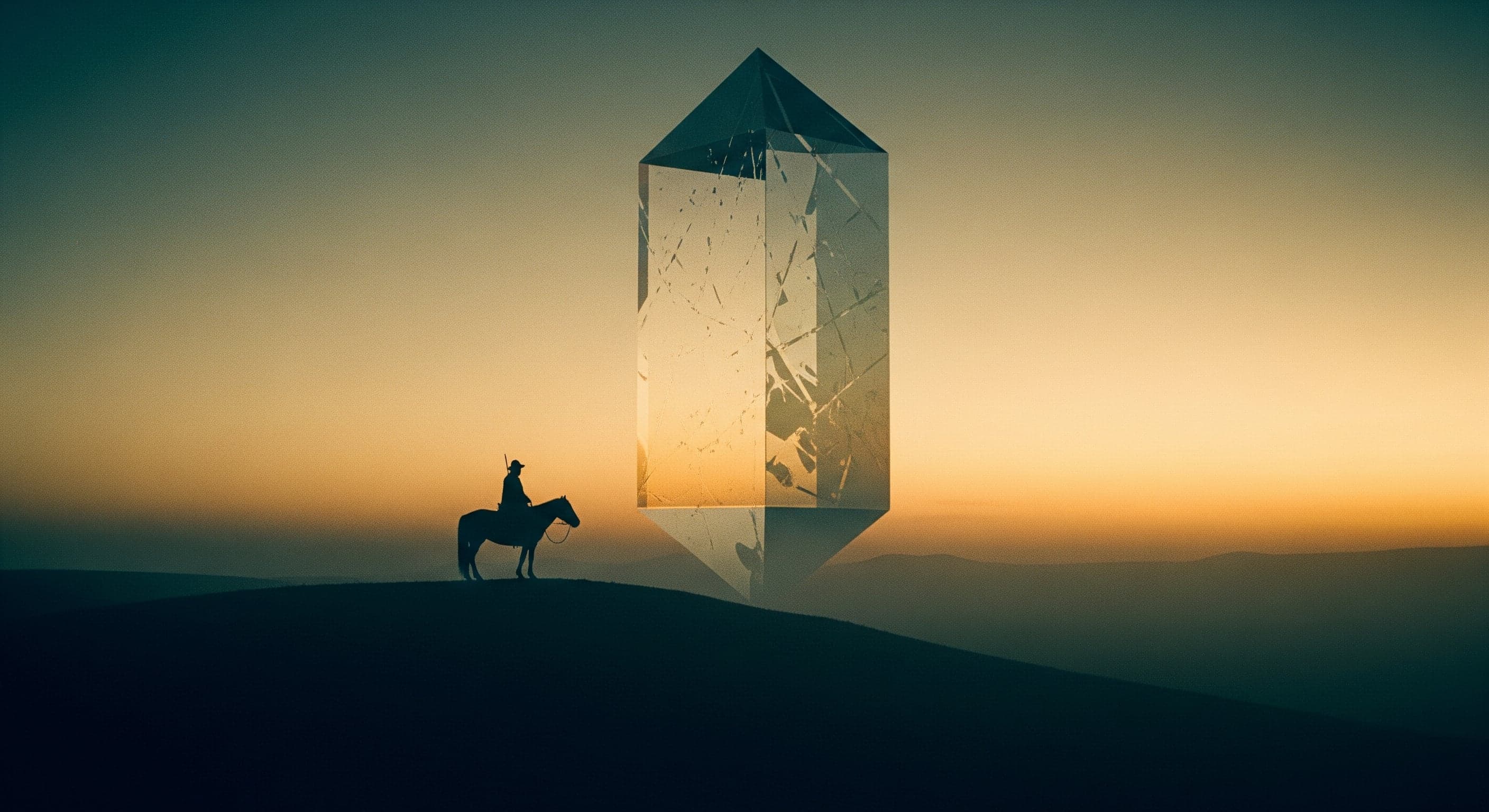 A lone horseman on the Mongolian steppe at dawn facing a large translucent geometric form in the sky.