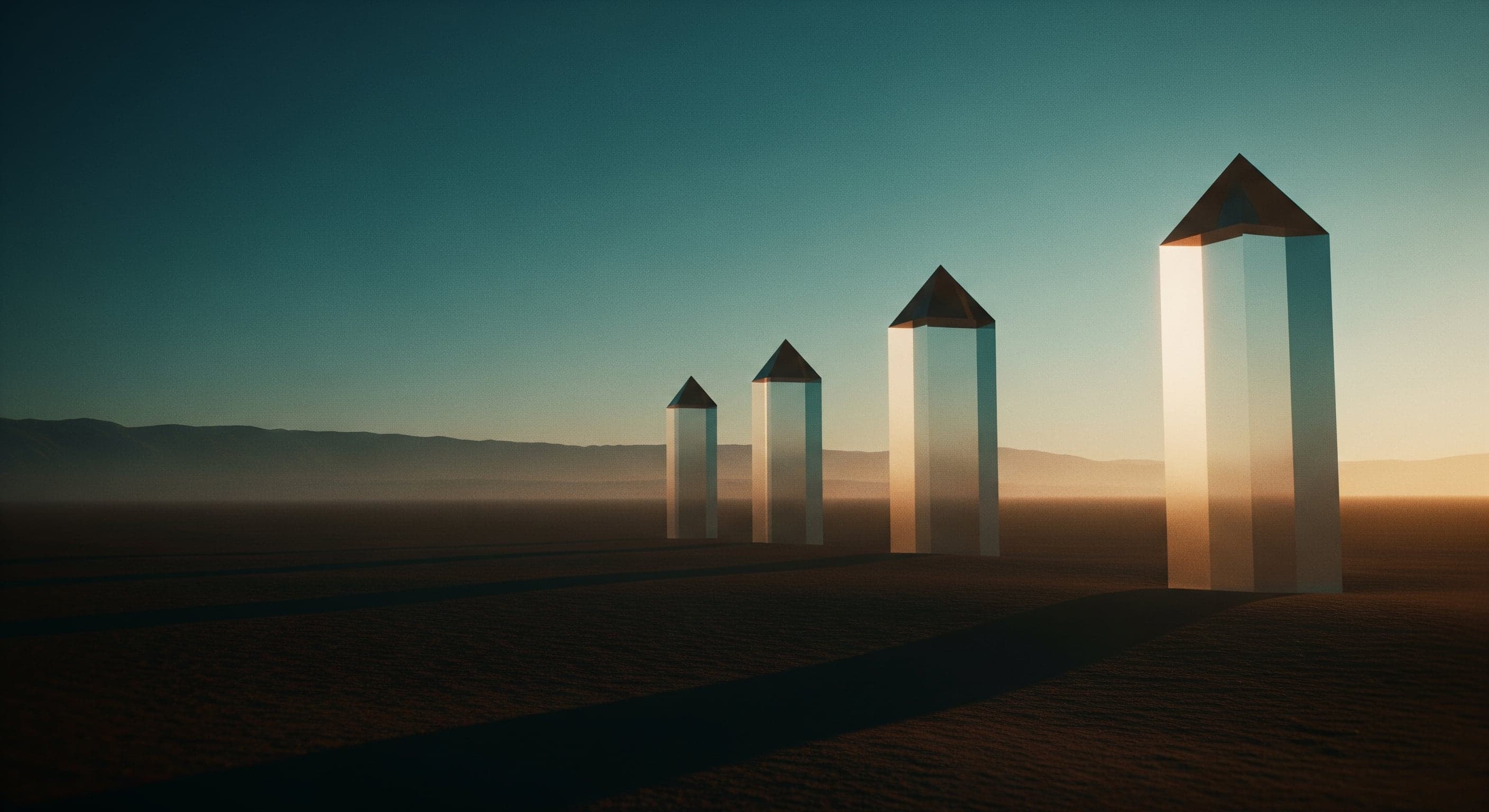Four translucent obelisks receding into the distance in the Gobi Desert at blue hour.