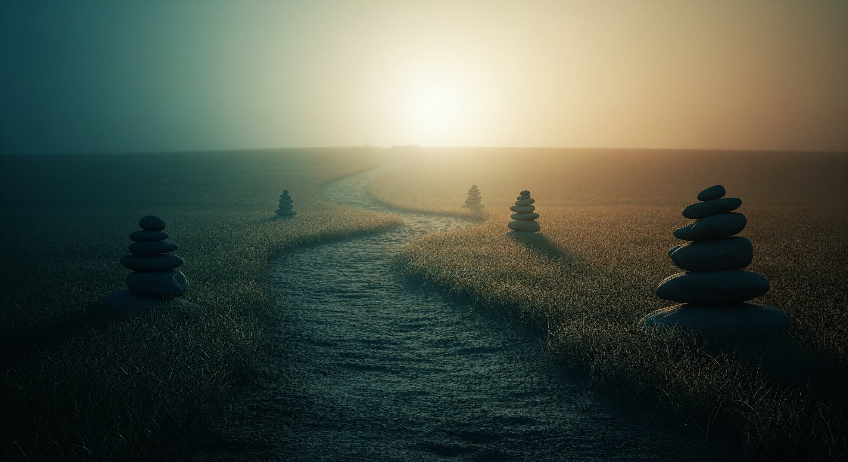 Nomad trail winding through steppe with four stone cairns along the way.