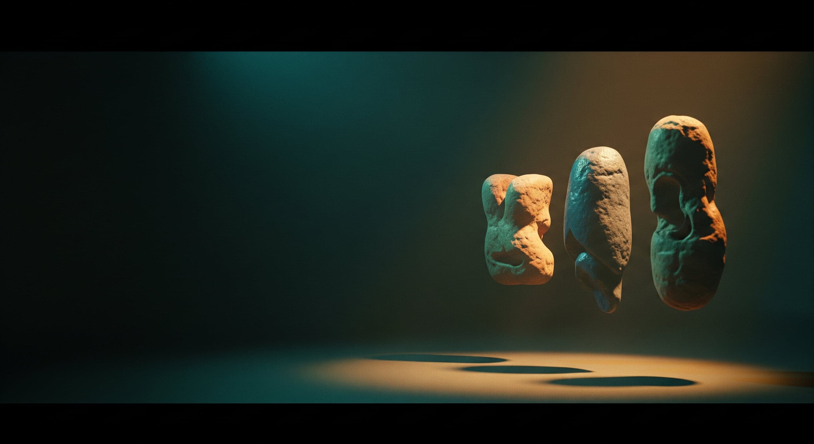 Three softly lit artifacts suspended in darkness.