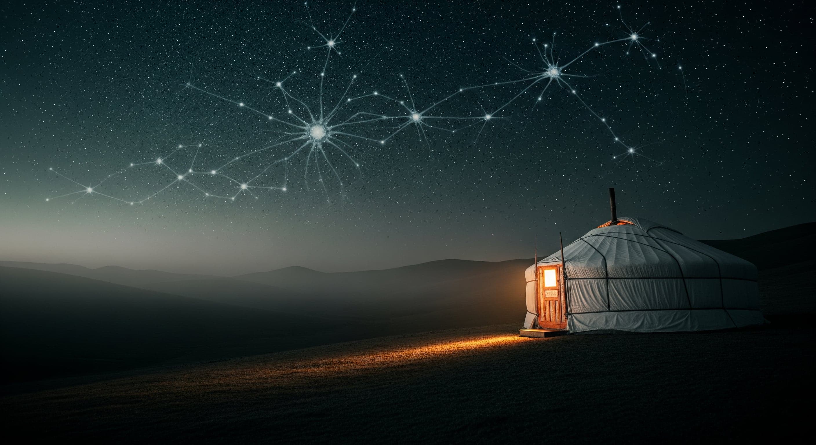 Solitary white ger on dark steppe at night with star constellation above.